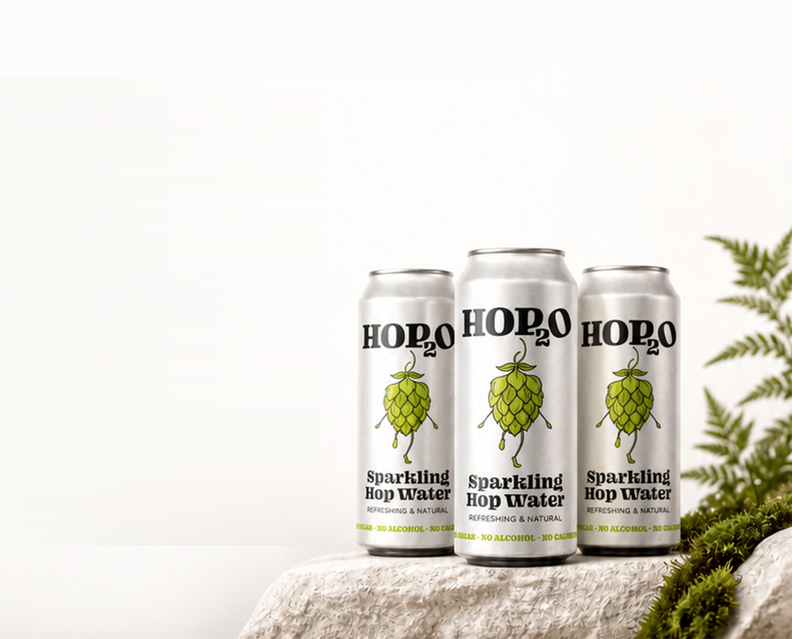 Three cans of HOP2O Sparkling Hop Water on a stone ledge beside ferns and moss